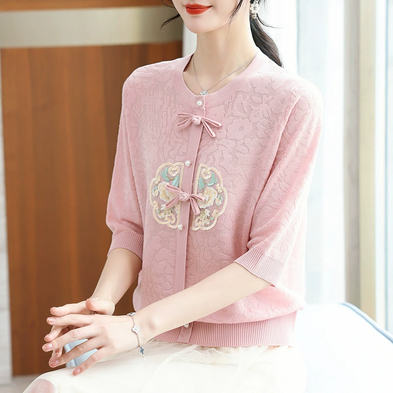 Мама летняя трикотажная футболка с короткими рукавами в стиле национального стиля 2024 новый иностранный костюм для женщин среднего и пожилого возраста