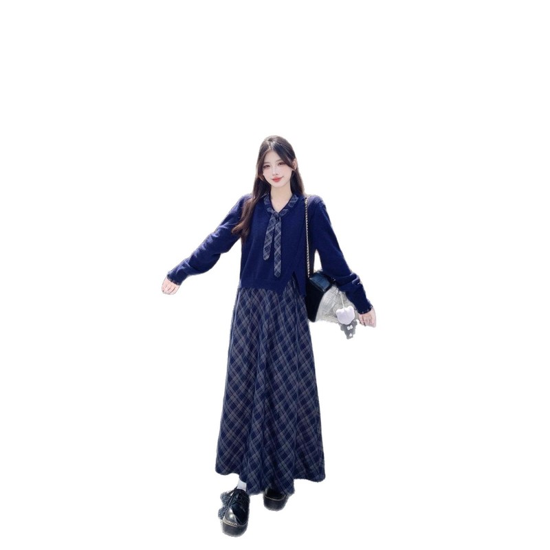 大码套装女2025秋季韩版系带格纹长袖针织衫格纹吊带裙气质两件套|undefined