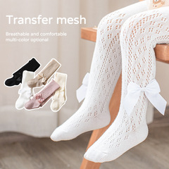 2024 Spring New Spanish Circle-Hole Lace-Up Pantyhose with Fine Combed Cotton and Large Bowknot for Girls - Princess Leggings Socks