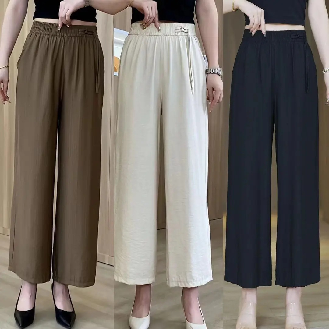 여름 새로운 중국 캐주얼 발목 길이 바지 여성 느슨한 국가 스타일 스트레치 허리 모든 경기 얇은 포장 된 스트레이트 바지
