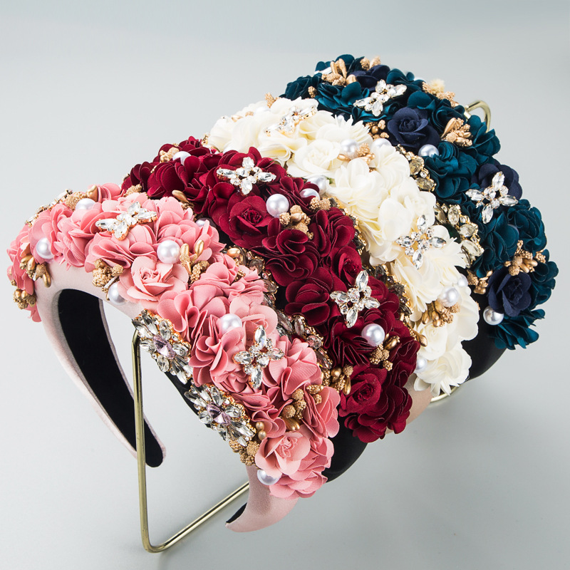 Fashion Flower Headband Rhinestones Sponge Wide Edge Hair Accessories display picture 2