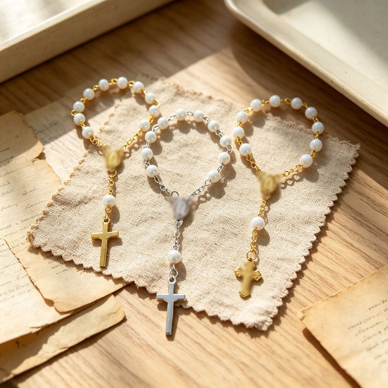 6mm plastic acrylic pearl cross rosary bracelet with rose beads, handmade beaded gift for baptism and communion 6mm plastic acrylic pearl cross rosary bracelet with rose beads, handmade beaded gift for baptism and communion