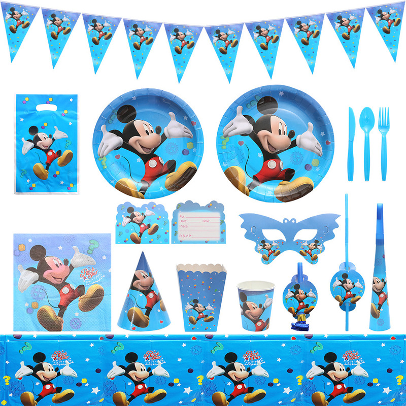 Cross-border in stock Mickey Theme Birthday Party suit Disposable Tableware Tablecloth Paper Plate Pull Flag Tissue Cup
