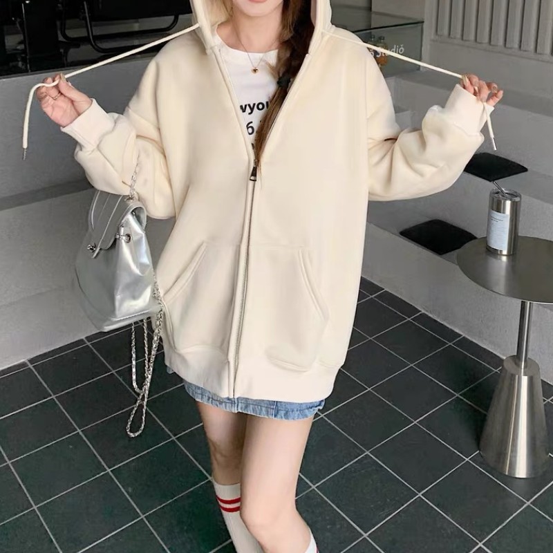 糖果色外套女珊瑚绒加绒冬款24新款连帽卫衣宽松韩版开衫运动衫拉