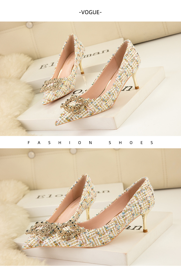 Fashion sexy slim high heels slim heels High heels shallow-cut pointe sparkling rhinester buckle women's single shoes_voghion.com