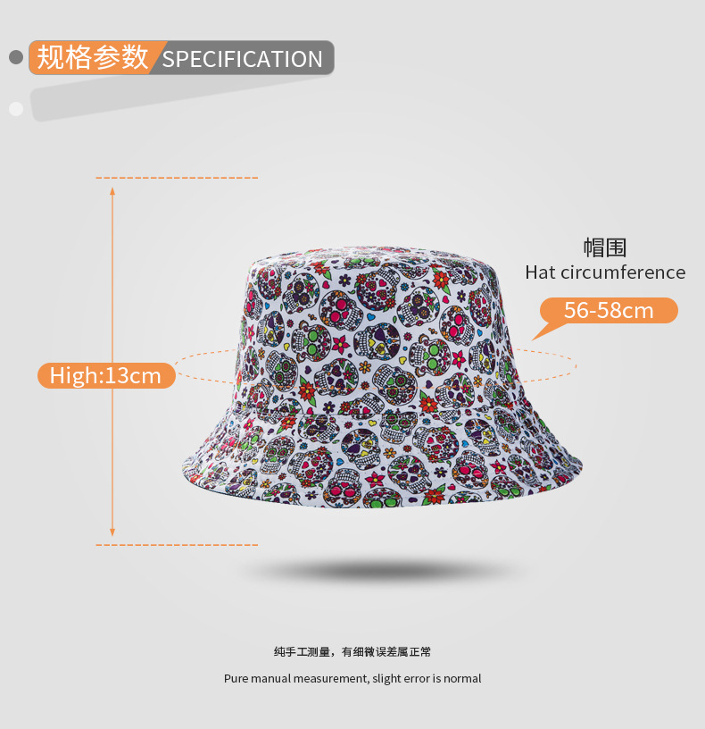 Cotton Material European And American Halloween Personality Skull Bucket Hat Male Sun Protection Sun Hat Lady Graffiti Reversible Bucket Hat