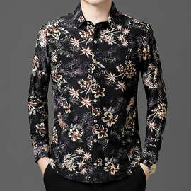 2025秋季男士长袖衬衫薄款印花衬衣半袖男青年休闲装印花衬衣
