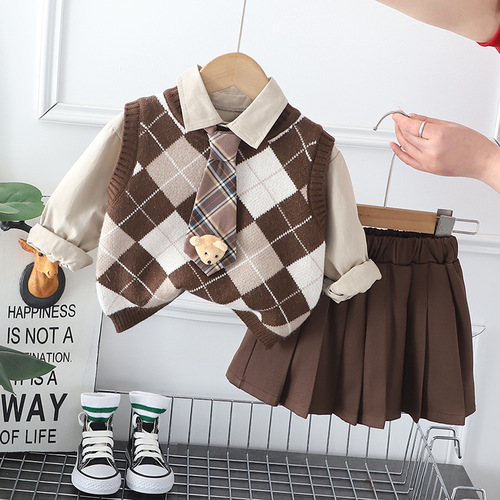 Set of 3 Spring Outfits for Boys and Girls, Cartoon Knit Sweaters and School Style Dresses and Trousers for Kids in Spring