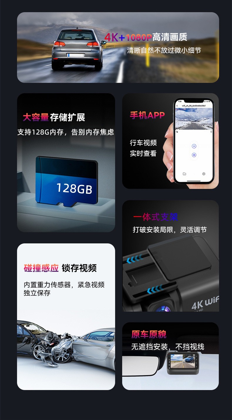 New Cross-Border Model Dash Cam with Dual Recording Front and Rear, 4K+1K High-Definition, 3inch Screens, Wifi Mobile Phone Connectivity, Parking Monitoring