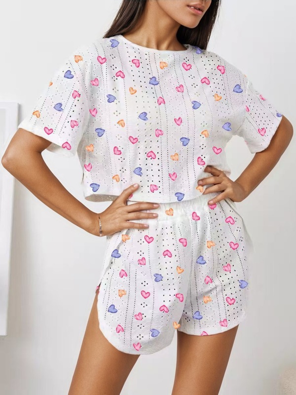 跨境欧美亚马逊睡衣家居服新款印花短袖短裤夏季女式两件套装提花|undefined