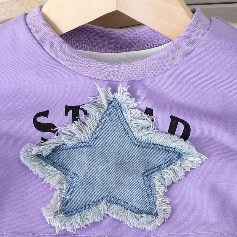 アマゾンクロスボーダーヨーロッパとアメリカの夏の新しいスタイルのレタープリント半袖ニットTシャツスターパッチパンツガールズスーツ|undefined