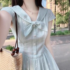 女性のための小さな新鮮なブルーネイビーカラー半袖ドレス 2025 夏美しいハイエンドピンチウエスト A ラインロングドレス