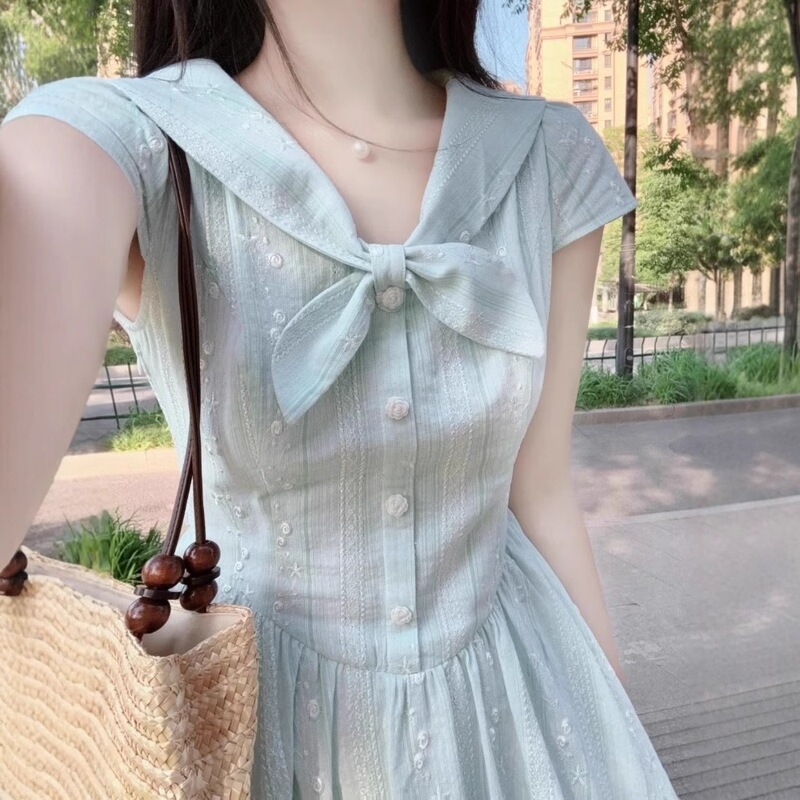 Fresh and Simple Blue Navy Collar Short Sleeve Dress for Women 2025 Summer Stunning High-End Feel Waist-Cinching A-Line Long Dress