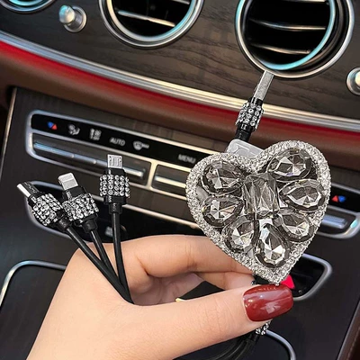 Diamond-encrusted data cable three-in-one car charging cable multifunctional retractable portable storage three-port tpyec charging