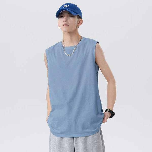 Wide-shoulder vest solid color-fog blue