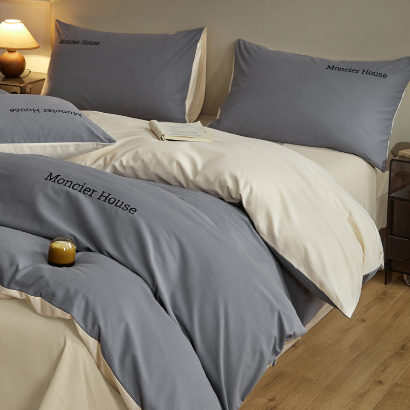 Una clase de otoño y invierno algodón abrasión cuatro piezas cubierta bordada sábanas de color sólido cama cama de algodón grueso dormitorio tres piezas