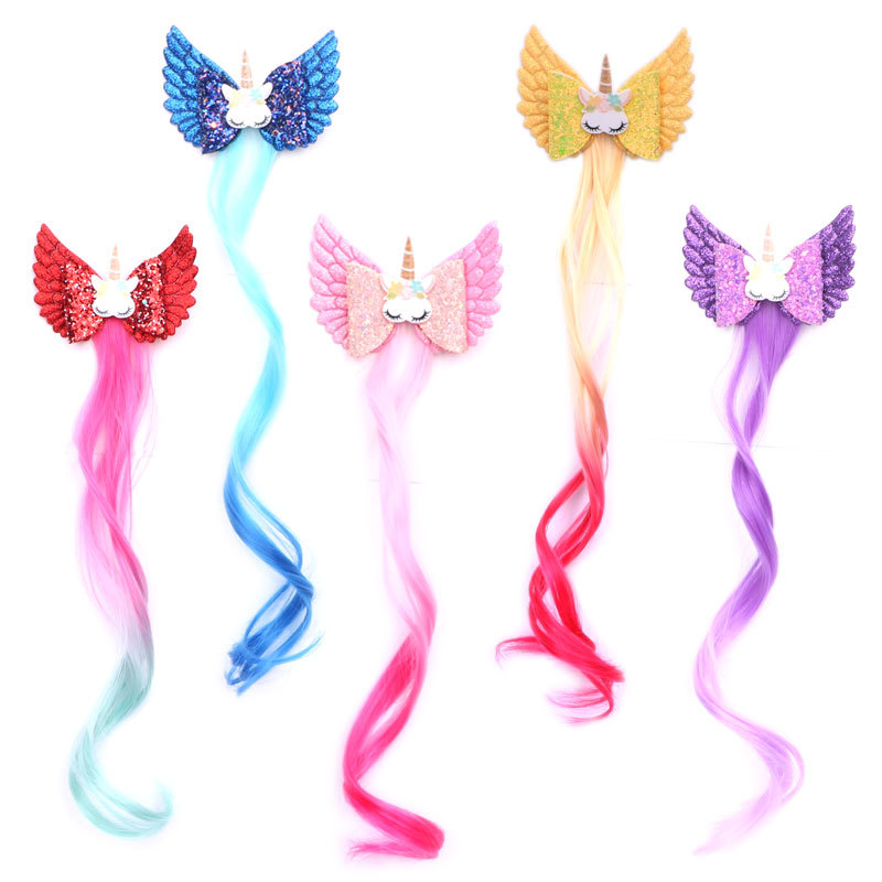 Cross border Europe and America children unicorn bow Braid Angel wings Dovetail Gradient color Wig baby Hairpin
