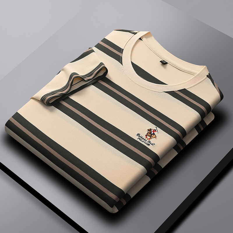 Ali Tiger Summer New Striped Embroidered Crew Neck Short Sleeve T-Shirt Casual Fashion Light Business Versatile Men's Top