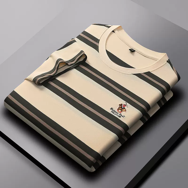 阿里虎夏季新款条纹刺绣圆领短袖T恤休闲时尚轻商务百搭男士上衣t