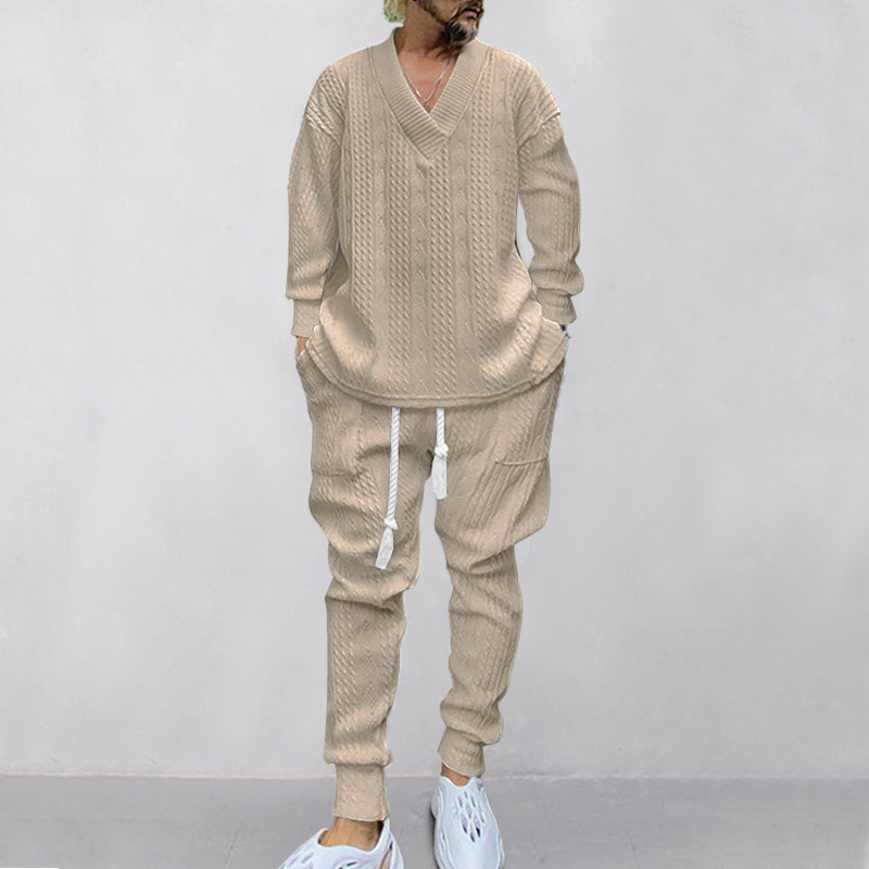 Set autunnale uomo maglieria jacquard con pantaloni collo a v_voghion.com