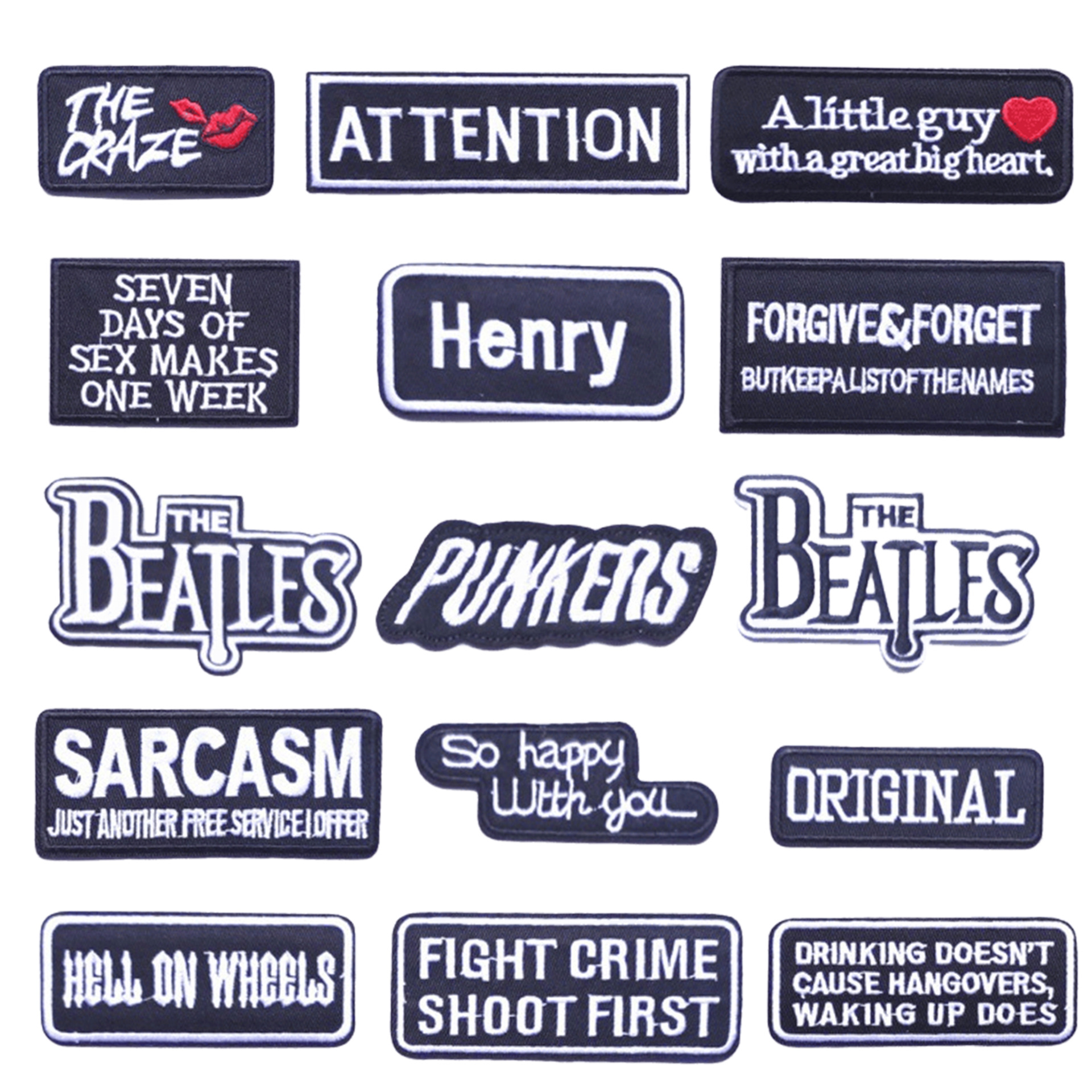 跨境新徽章补丁刺绣patch 布贴刺绣黑白色英文布贴英文长方形