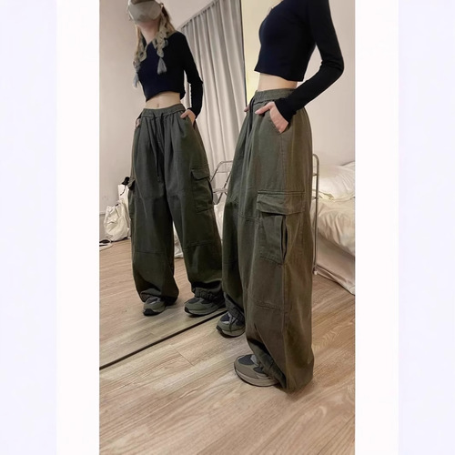 Vintage American-style multi-pocket work pants for girls, spring and autumn trendy streetwear, loose straight-leg wide-leg versatile drawstring pants