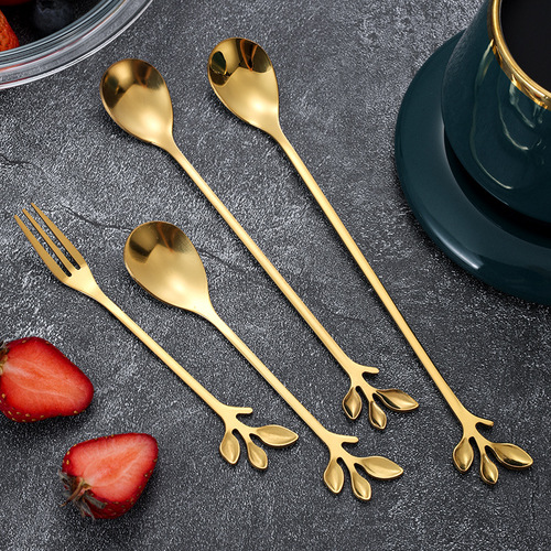 Stainless steel creative high-end leaf-shaped spoon and fork, soup spoon, coffee spoon, household eating spoon, long-handled stirring spoon, dessert fork