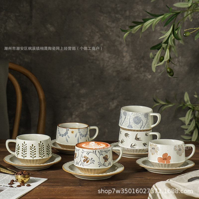 Tazas de café de cerámica retro japonesa y platos de cerámica, tazas de café de color especial para café de hotel