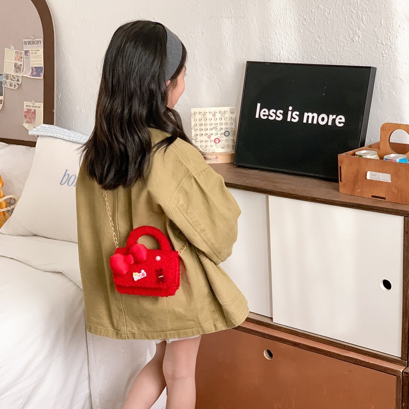 2026 Año Nuevo de primavera bolsos rojos para niños lindos bolsos de peluche mini arco bolsos de cadena de niña
