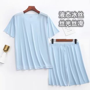 Summer silk pijama, set, short sleeve T-shirt, men's shorts, with short sleeve