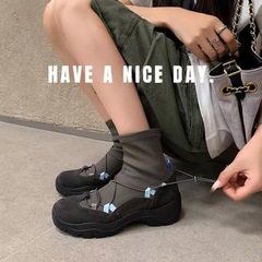 韩版小众芭蕾拼色弹力靴女2025秋新款复古厚底休闲巨显瘦瘦瘦袜靴