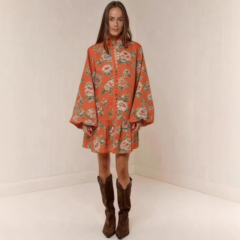 European and American Cross-Border Independent Website 2026 Aliexpress New Spring/Summer Fashion Digital Print Lantern Long-Sleeve Dress Linen