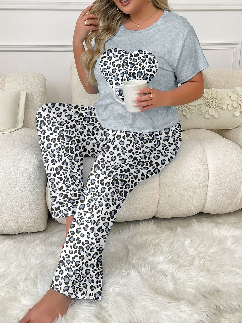 Women's Sleepwears Plus Size Casual Pajamas Spring/Summer Leopard Print Heart Pattern Round Neck Milk Silk Loungewear_voghion.com