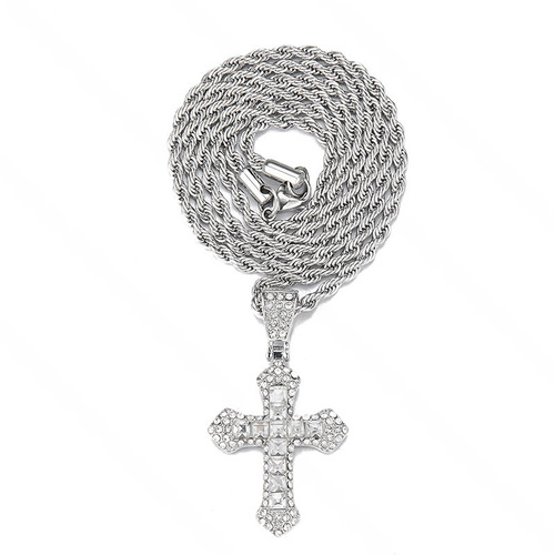 Hip-hop cross necklace—new live-stream product! Retro-style, versatile, rhinestone-embedded, influencer-approved cross pendant necklace—available for direct shipping.