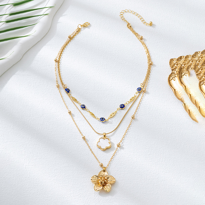 Collier pendentif fleur plissée dorée, tendance européenne et américaine, pour femme, style multi-rangs._voghion.com