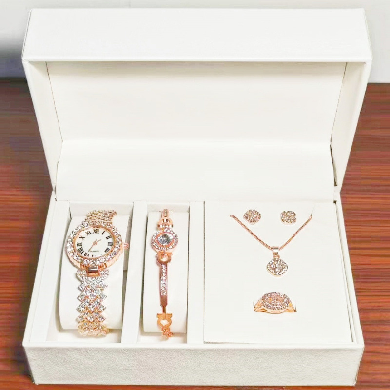 Римские часы медного цвета + комплект из четырех частей «Дыхание ребенка» (колье, кольцо, серьги и браслет)