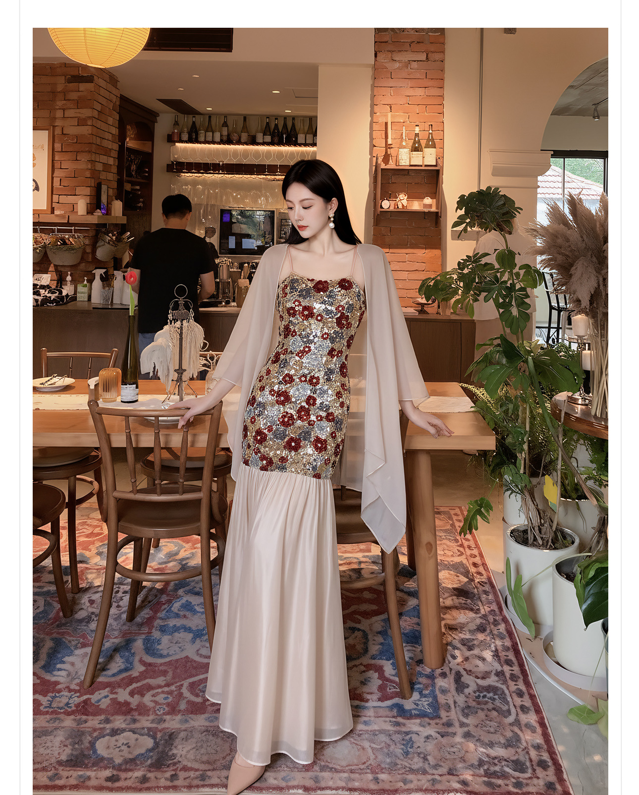 Bộ đầm dây maxi thêu ren kết hợp kim sa phong cách Tân Trung Hoa + áo khoác choàng vai — Trang chủ, bộ đồ, đầm dây chi tiết 11