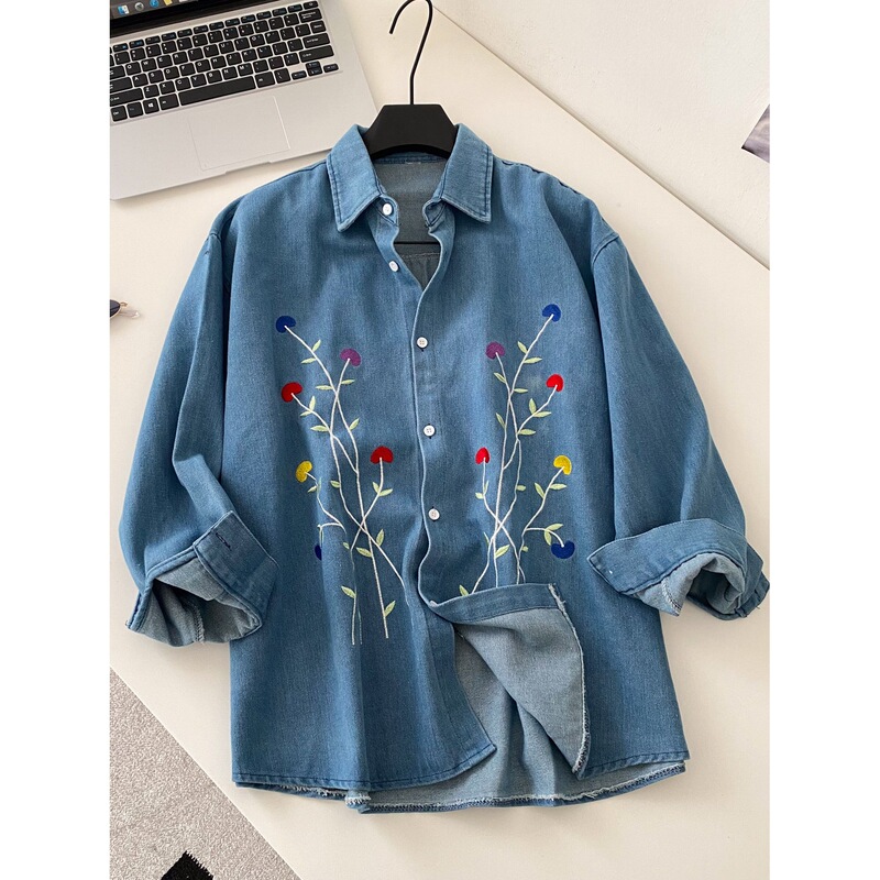 Korean Style Commuter Style Skin-Friendly Breathable Denim Shirt for Women 2026 Long-Sleeved Loose Embroidered Floral Cardigan Top