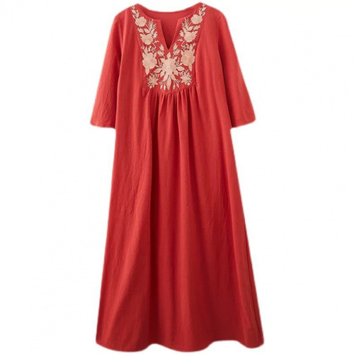 Embroidered cotton and linen maxi dress for plus-size women, seven-armhole collar, covers the abdomen, long length, imitation linen word dress