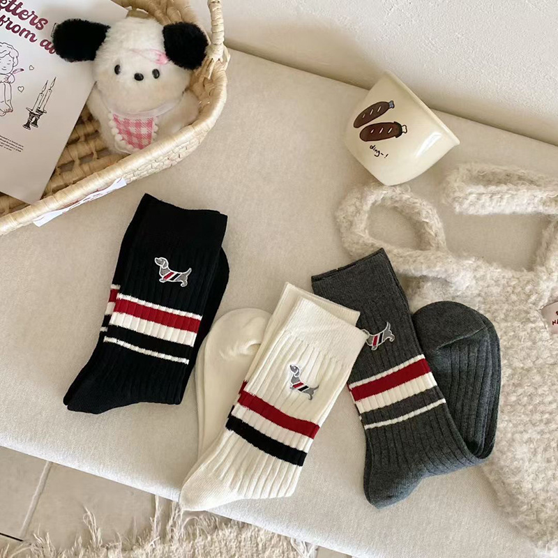 European-Style Double Knit Socks for Women, Retro Striped Thin Japanese-Style Slouch Socks, Mid-Length Trendy Socks, New European Station