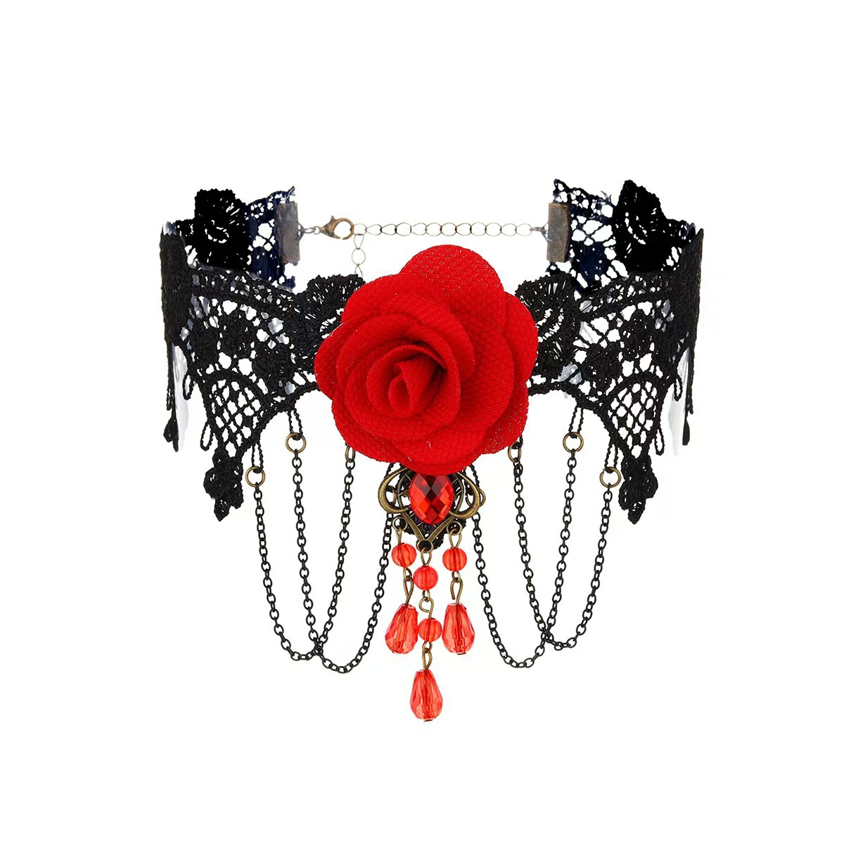 复古黑色蕾丝颈链玫瑰花大红水晶项链女配饰品欧美首饰外贸GY114