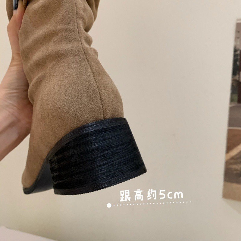 韩版2025新款复古方头绒面西部牛仔靴女粗跟褶皱堆堆靴中跟骑士靴|undefined