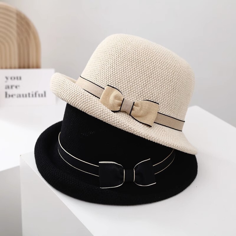 Sun Hat Women's Spring and Summer Travel Small Brim Curled Bow Hat Thin Breathable Basin Hat Sun Protection Fisherman Hat