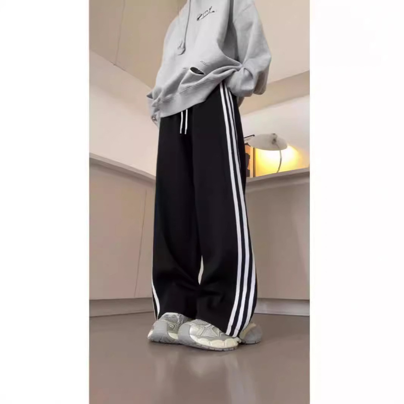 Three Stripes High Waist Sports Pants Women's 2024 Spring and Autumn New Loose Trendy Straight-Leg Pants Leg-Tie Casual Pants