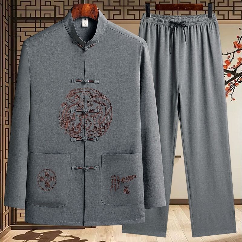 唐装男长袖套装中老年人爷爷衬衫爸爸中山装夏装春秋季薄款晨练服