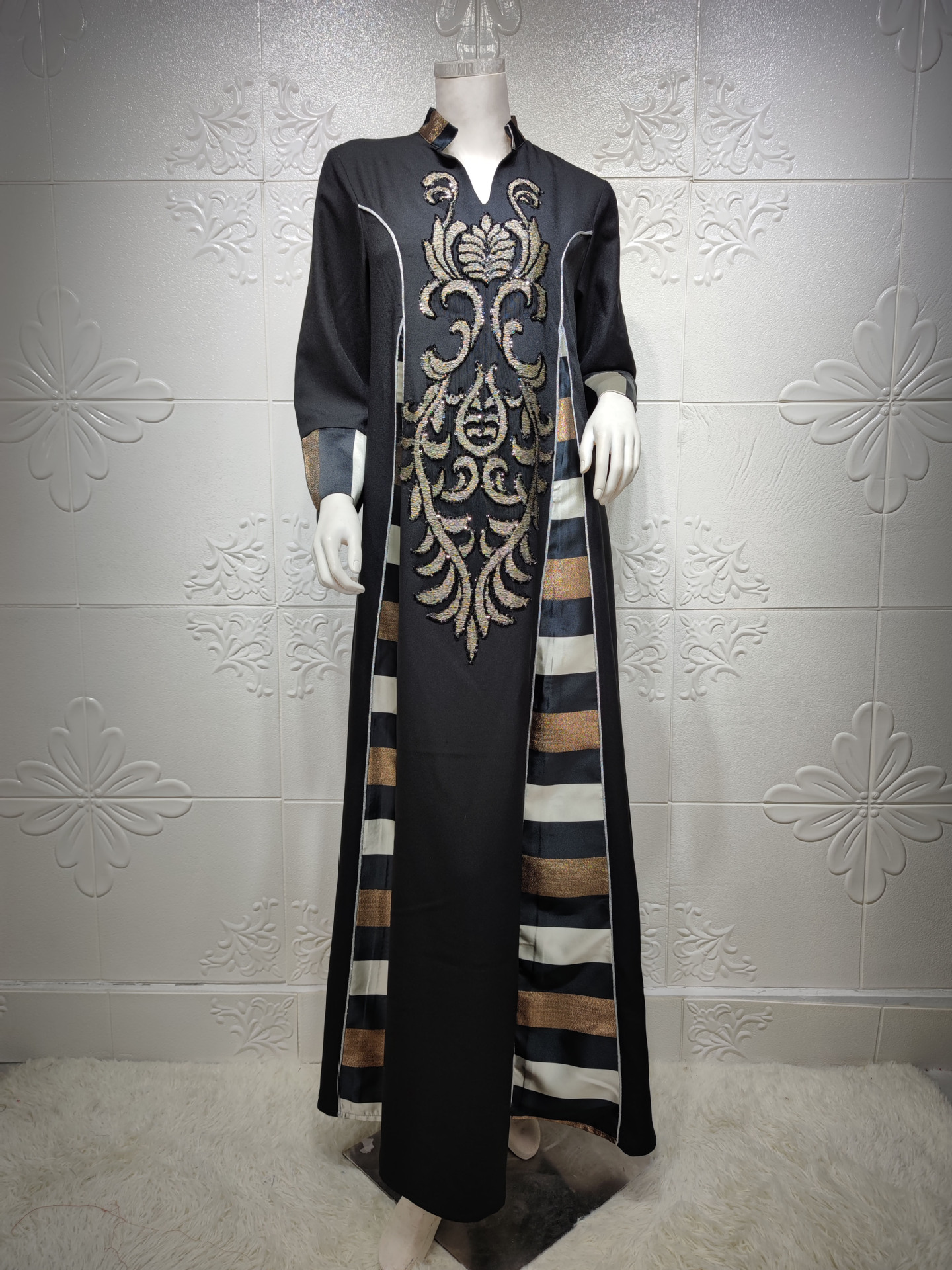 AB052跨境外贸中东女装绣花条纹abaya穆斯林阿拉伯迪拜muslim长袍详情33