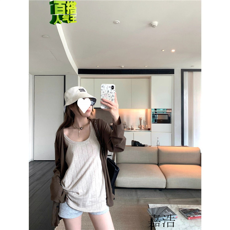 咖色防晒开衫设计感微透吊带套装女夏新款慵懒风宽松显瘦两件套|undefined