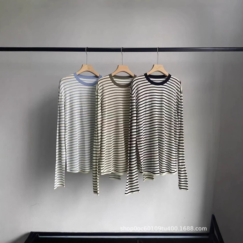 Zhao Lusi Style】Lyocell Blend Loose Casual Round Neck Color-Block Striped Long-Sleeve Knit T-Shirt for Women