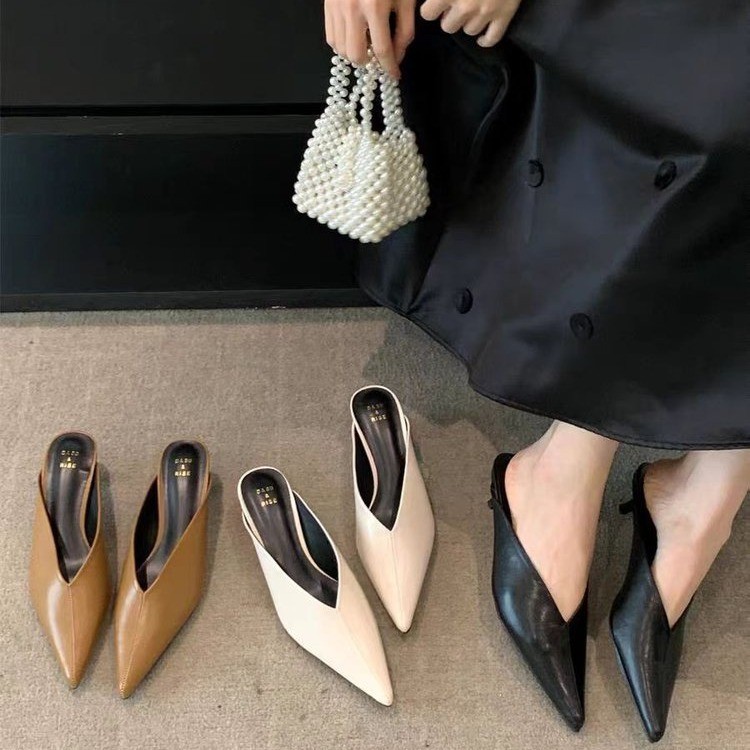 2025 Winter New Pointed Toe Half-Slipper Thin Heel Solid Color French Style Versatile Elegant Slip-On Shoes_vogvips.com