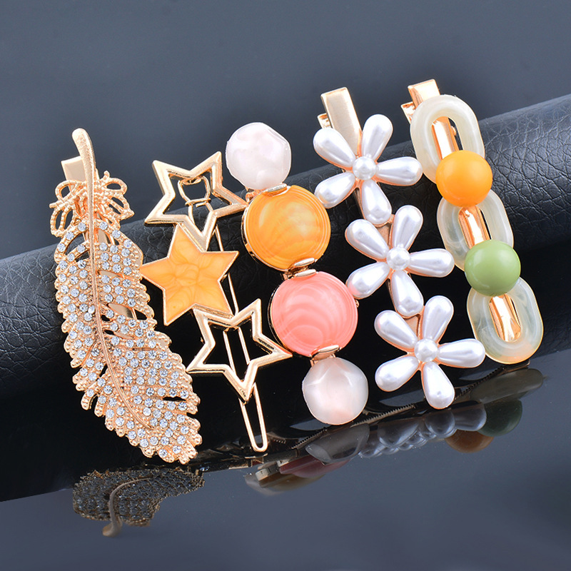 Sweet Star Flower Alloy Plating Artificial Pearls Zircon Hair Clip 5 Piece Set display picture 2